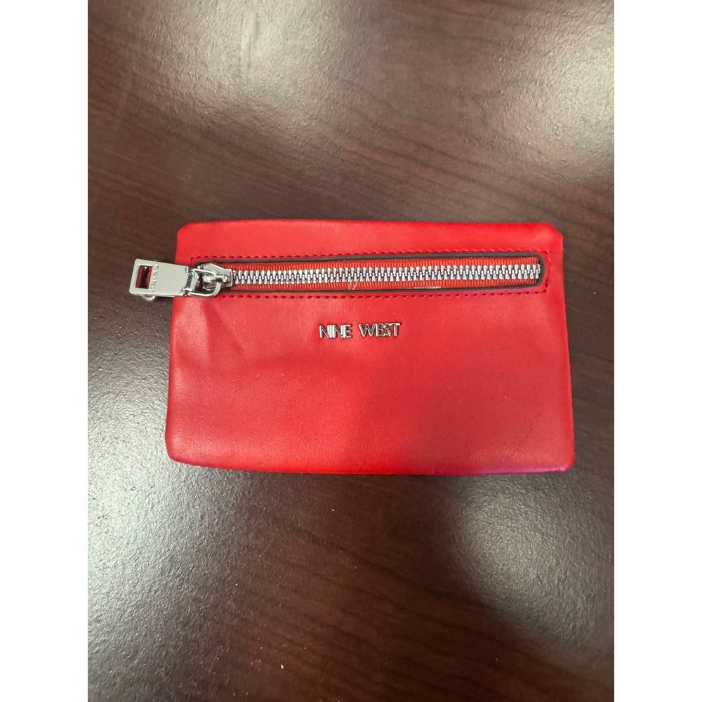 Nine West Red Faux Leather Coin Purse Small Card Holder Silver Tone Hardware